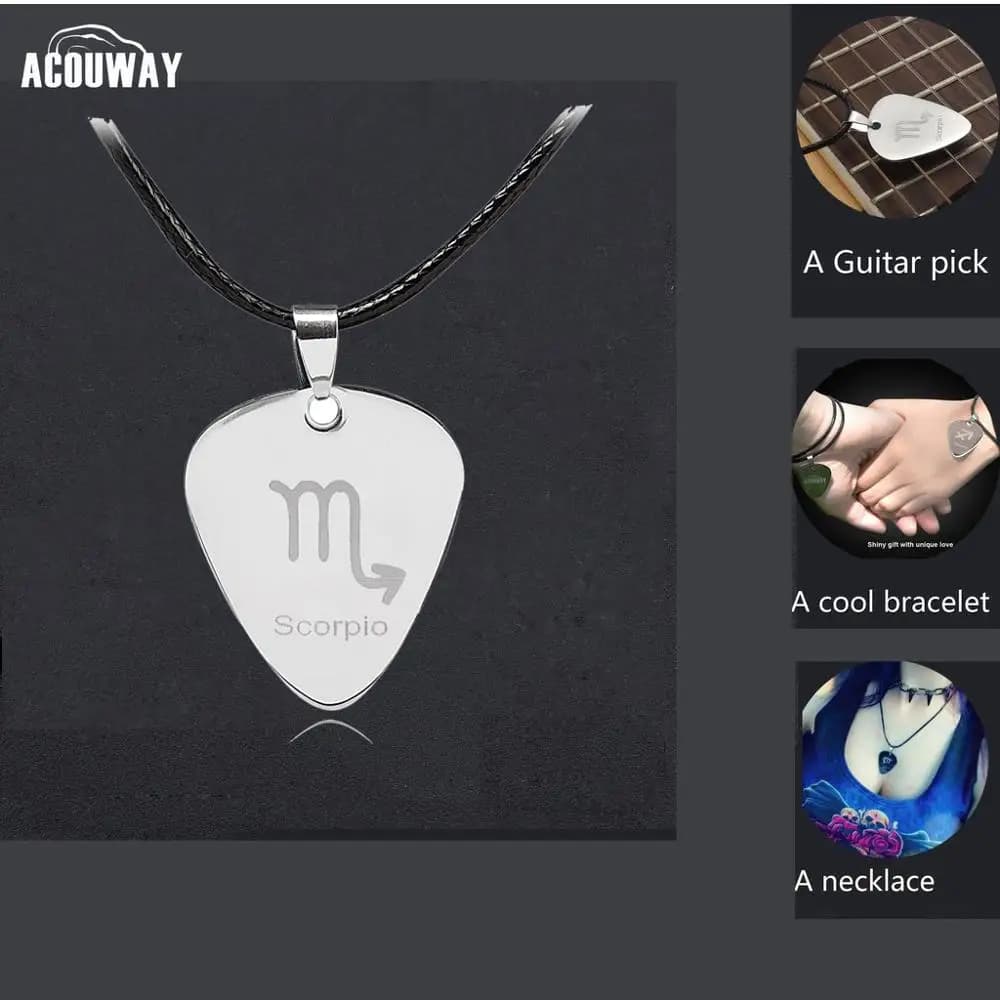 Acouway Chitarra Pick Collana pendente Catena nera in acciaio inossidabile / Ariete Toro Gemelli Leone zodiaco collana braccialetto ciondolo regali