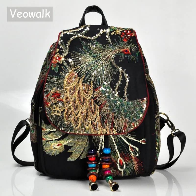Veowalk Del Pavone Paillettes Ricamati delle Donne della Tela di Canapa Zaini, Delle Signore Floreale Zaini Donna Piccola Scuola Indietro Borsa Bagpack