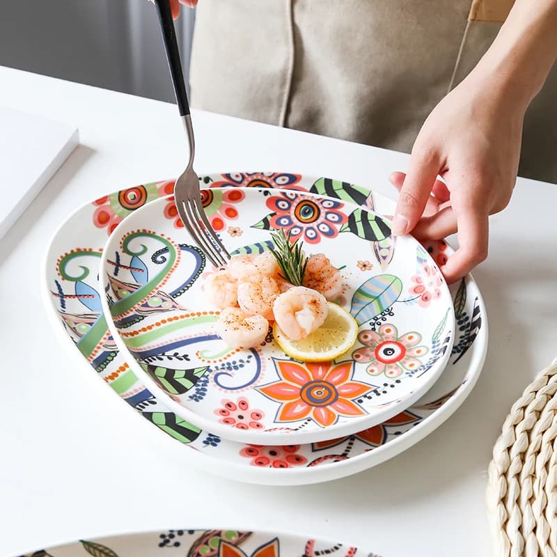 Nordic Hand-painted Ceramic Salad Plate Tableware Pizza Plate Ceramic Western Food Tray Pasta Bowl Snack Plate Fruits Plates