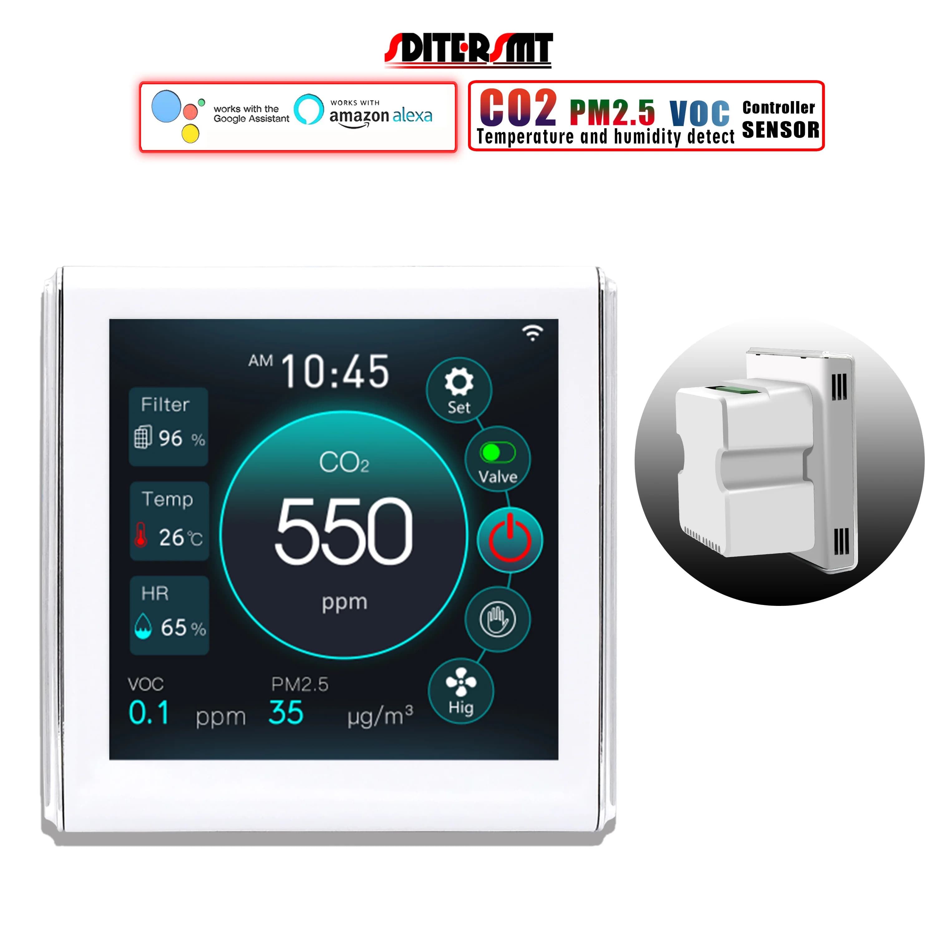 Controller intelligente della qualità dell'aria per sensore CO2/VOC/PM2.5, uscite AC/EC 0-10 V, Tuya WiFi e Modbus, monitoraggio della temperatura e dell'umidità