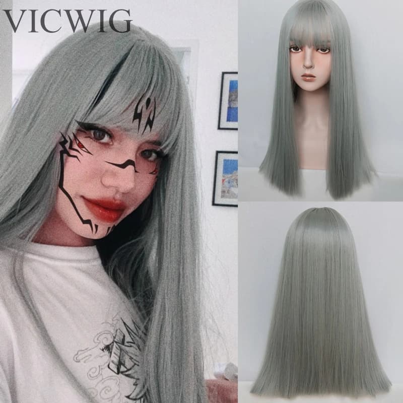 VICWIG Parrucca cosplay da donna con fascia per capelli sintetica lunga e diritta, resistente al calore, in rete rosa, verde, viola, grigio