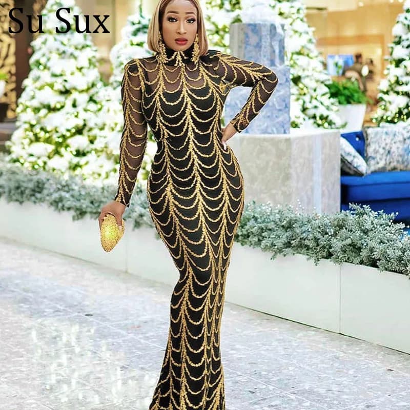 Abito da festa con paillettes Fasciatura aderente Maxi abito Colletto stande Manica solitaria Cerniera Prospettiva Abito lungo a coda di pesce Abiti africani