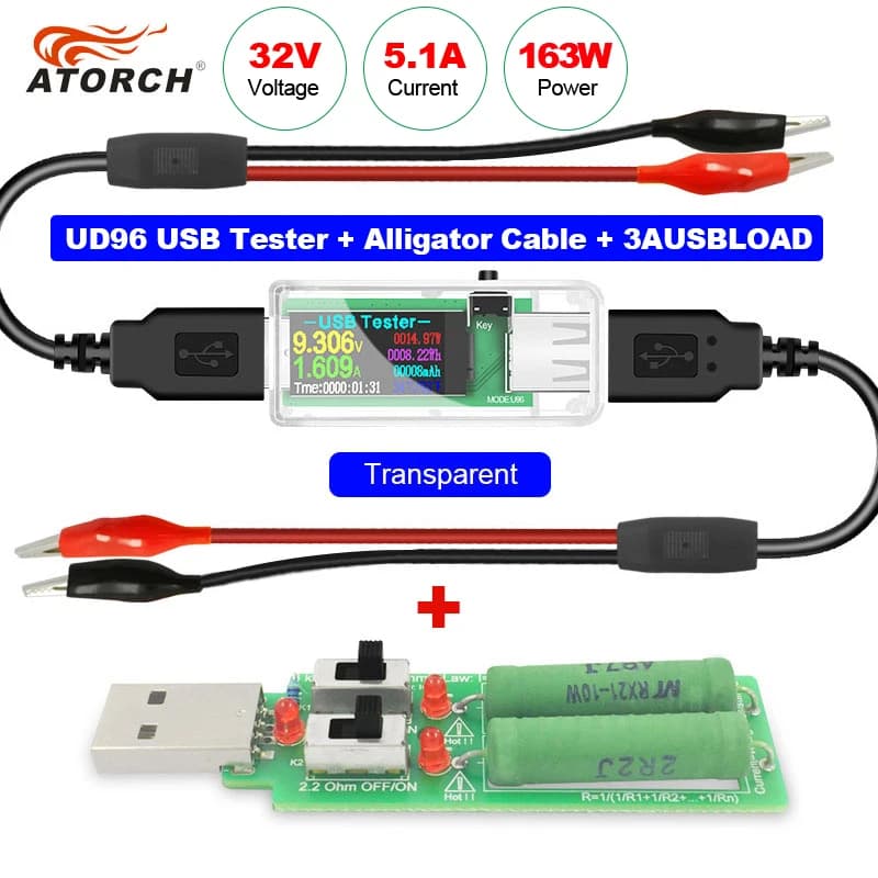 U96 USB tester DC voltmetro digitale amperometro power bank caricabatterie indicatore misuratore di corrente di tensione rilevatore + carico + alligatore