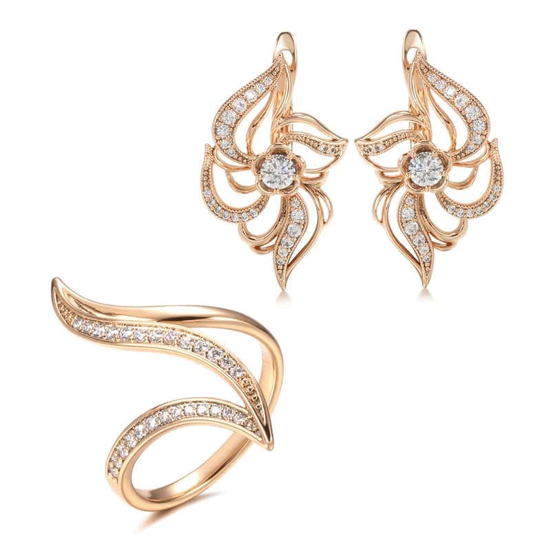 Kinel Fine Hyperbole Curve Ring set di orecchini per donna moda 585 set di gioielli in oro rosa anello unico con orecchini in zircone naturale