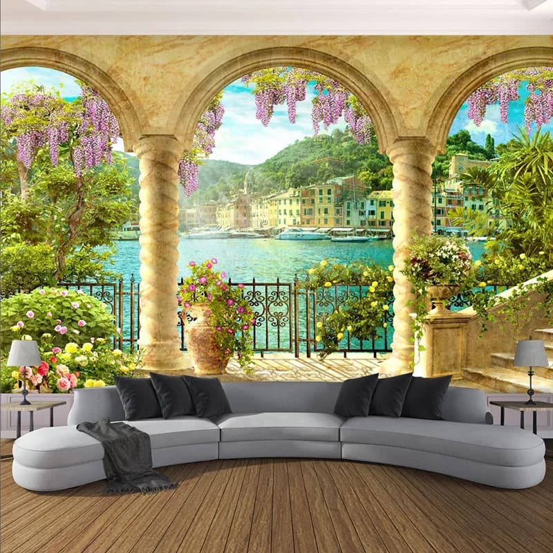 Foto personalizzata Carta Da Parati 3D Pilastro Arco Lake View Building Murales Soggiorno Studio Creativo Complementi Arredo Casa Pittura Murale 3D Affreschi