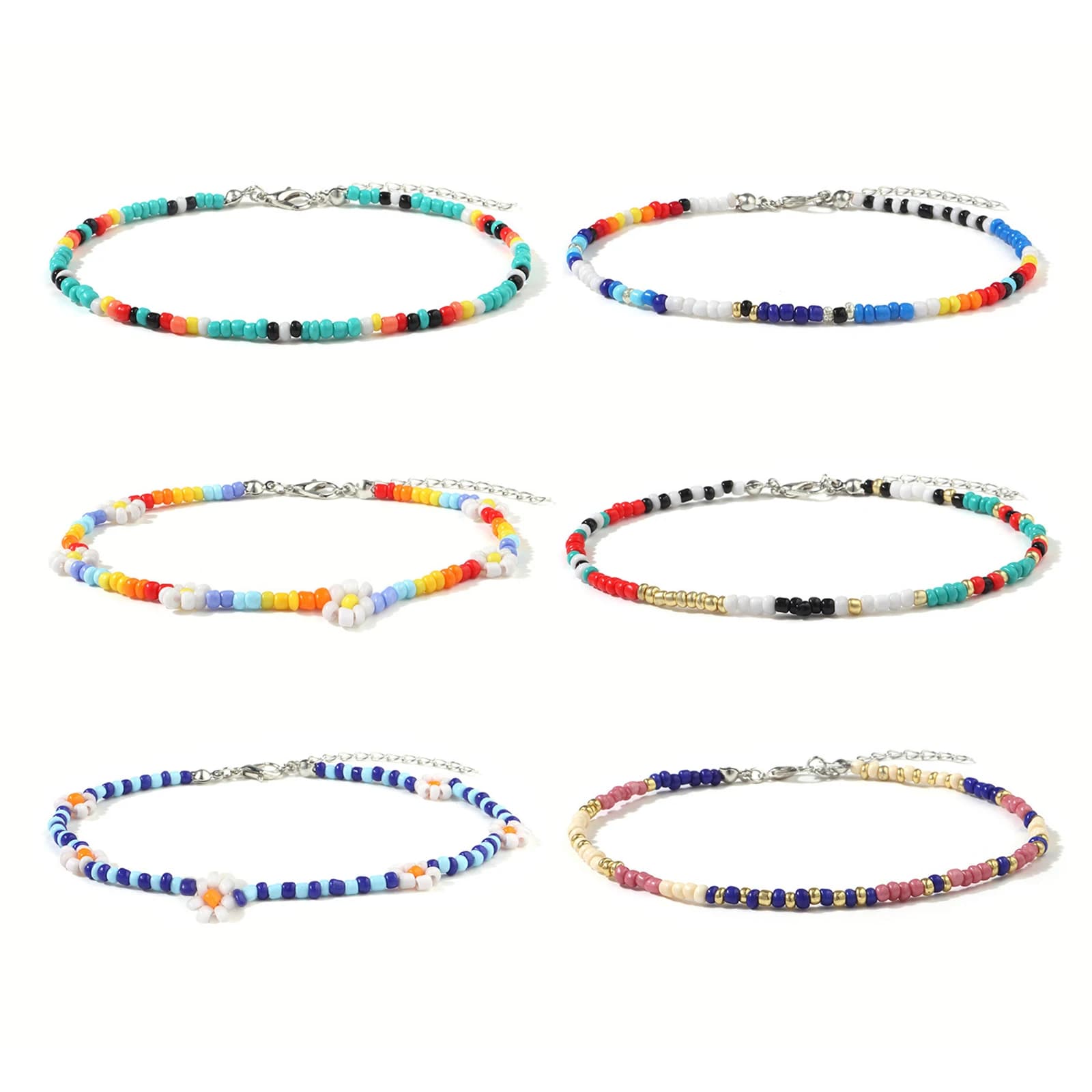 Hand-made ankle bracelet with flower daisy beads adjusted for women elastic ankle jewelry gift with bohemian colored beads