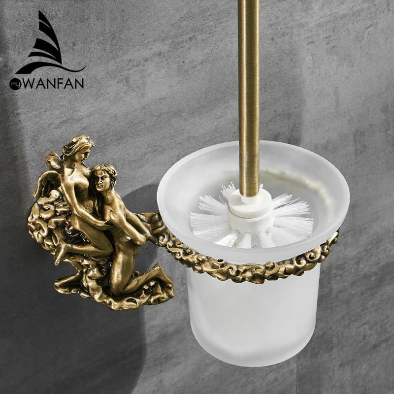 Porta scopino romantico, Set di scopino per wc oro/argento con tazza di vetro testina sostituibile in ottone MB-0811B