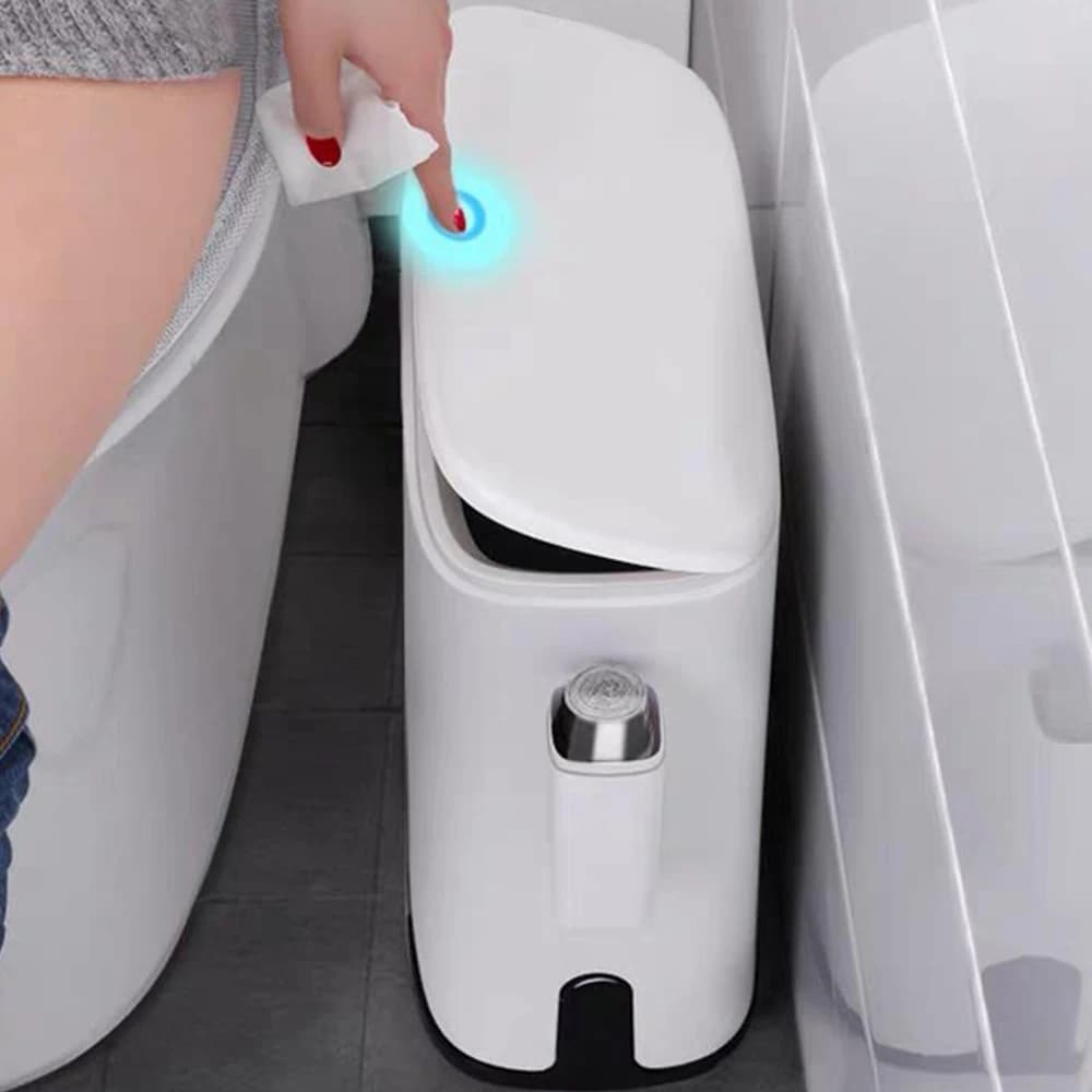 Bidone della spazzatura con pulsante a una chiave intelligente 14L per wc con spazzola e coperchio bidoni della spazzatura bagno domestico cestino stretto