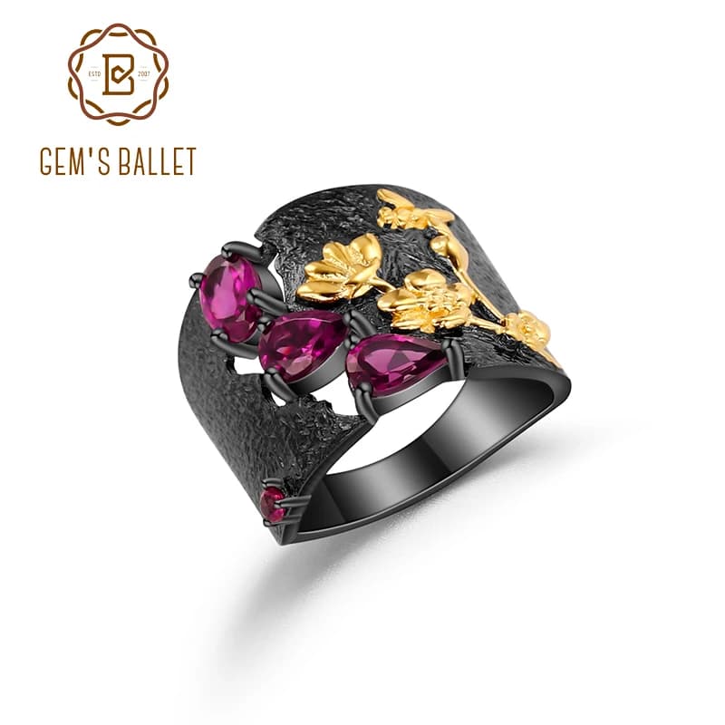 GEM'S BALLET Natural Rhodolite Garnet Rings 925 Sterling Silver Handmade Humming Bee Flower Floral Garden Band Ring for Women