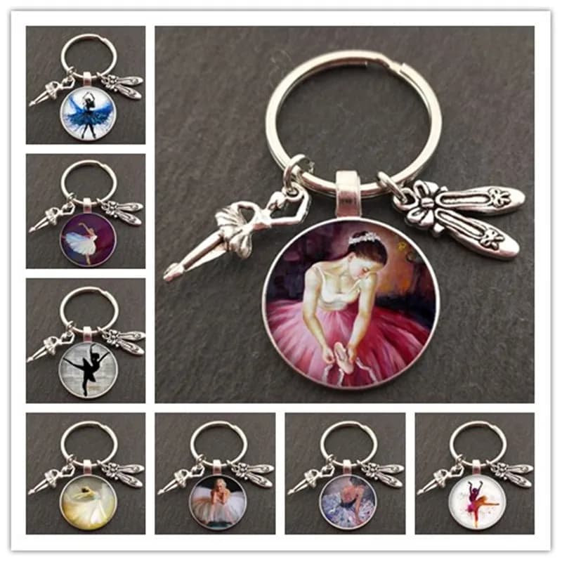 Ballet dancer character silhouette keychain glass convex ballet girl oil painting keychain dance lovers jewelry gift
