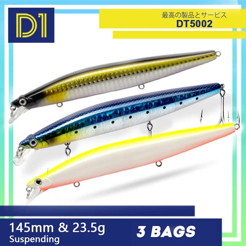 Esca da Pesca D1 Minnow 145mm/23.5g 3pz, Esca Dura Silenziosa Sospesa Assassin 145F, Wobbler per Pesca in Mare di Spigola e Trota