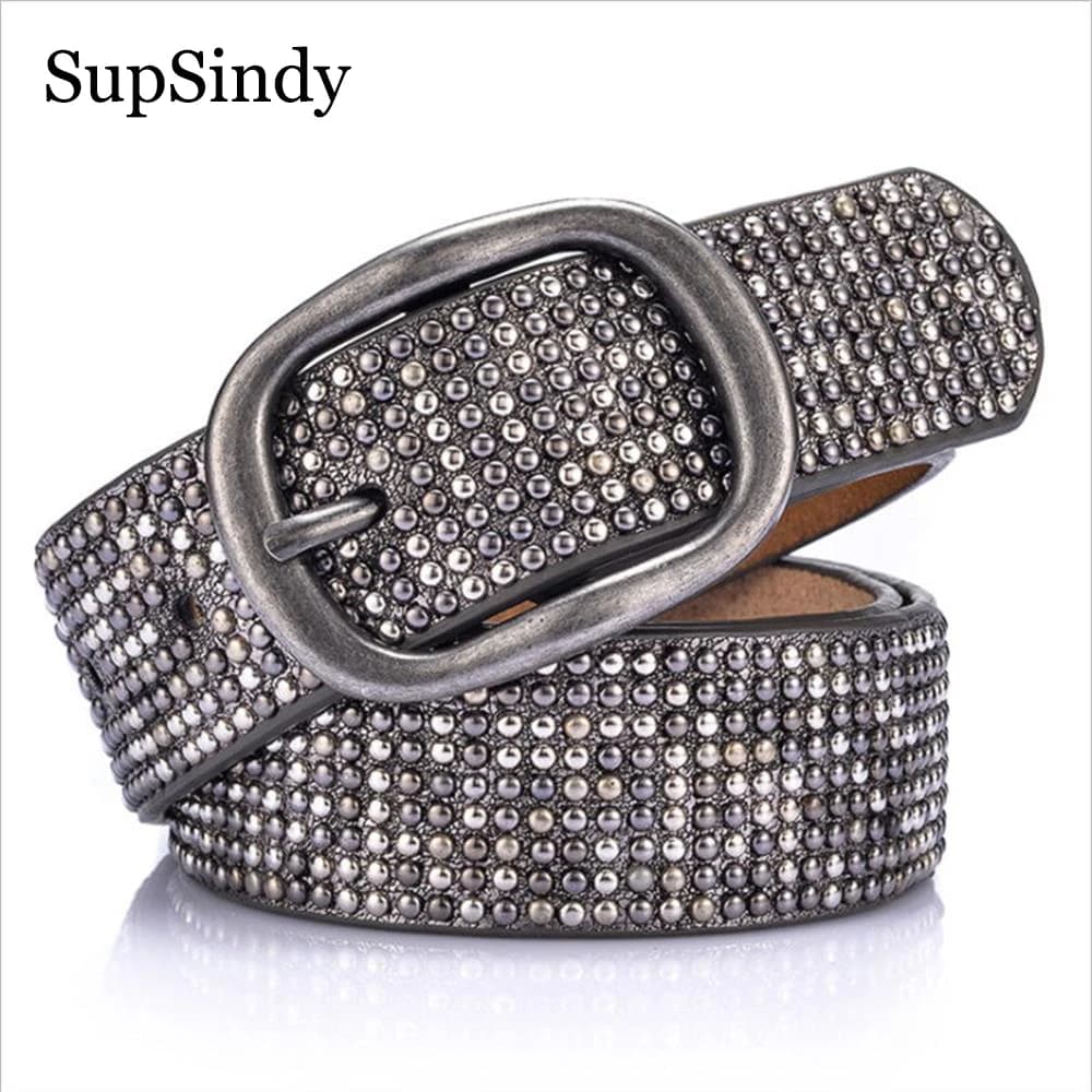 SupSindy Cintura in pelle da donna rivetti geometrici fibbia ad ardiglione cinture in PU per Jeans da donna cintura Vintage moda europea femminile