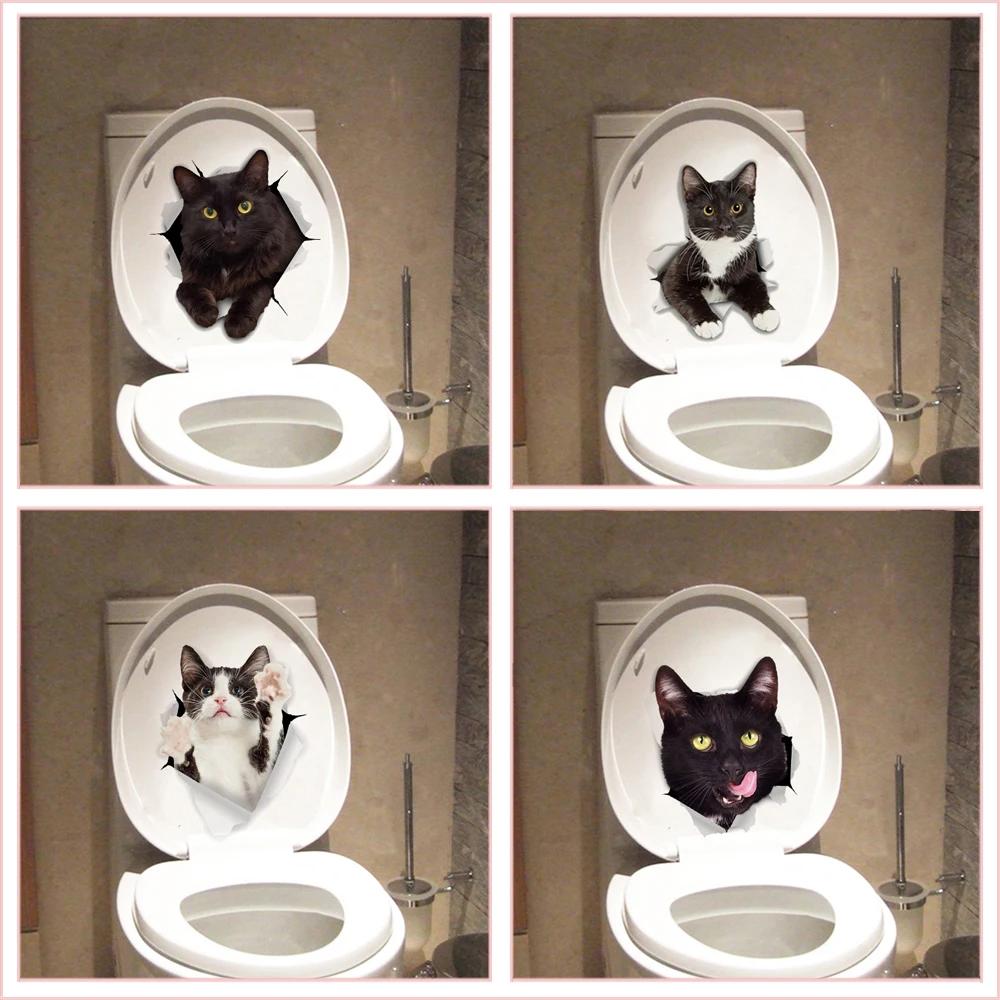 Vivido buco 3d divertente gatto cane adesivi toilette Wc fai da te bagno decorazione della casa simpatico gattino cucciolo animali domestici adesivi murali