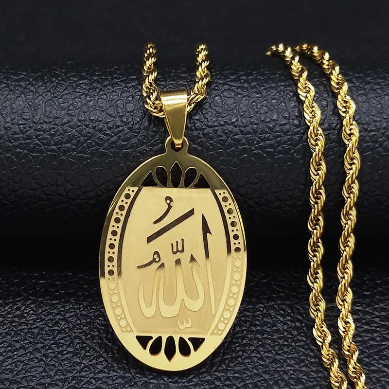 Muslim Islamic Quran Allah Stainless Steel Statement Necklace for Men Gold Color Chain Necklace Jewelry Collier Homme N1208S02