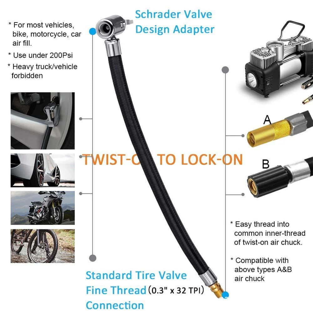 Adattatore per tubo di prolunga per pompa gonfiabile per moto per bici Tubo di gonfiaggio per pneumatici per auto Collegamento dell'aria per pneumatici con rotazione Mandrino dell'aria con bloccaggio