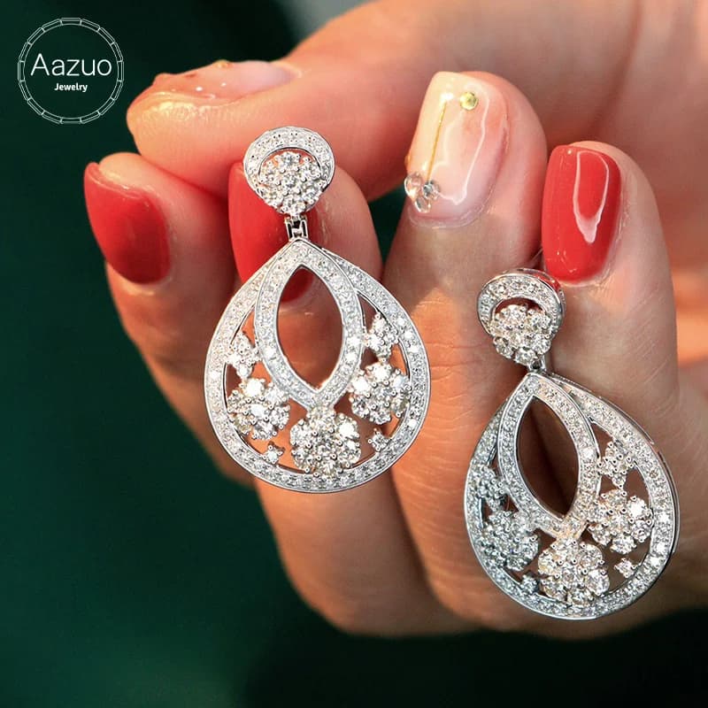 Aazuo Large 18K white gold drop earrings with real diamonds, gift for women, engagement party Au750