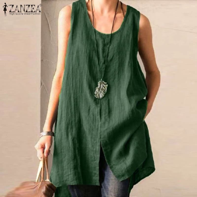 2025 Summer Women's Long Canottes ZANZEA Women's Cotton and Linen Breathable Sleeveless With Sweat T-shirt Random loose in plain color