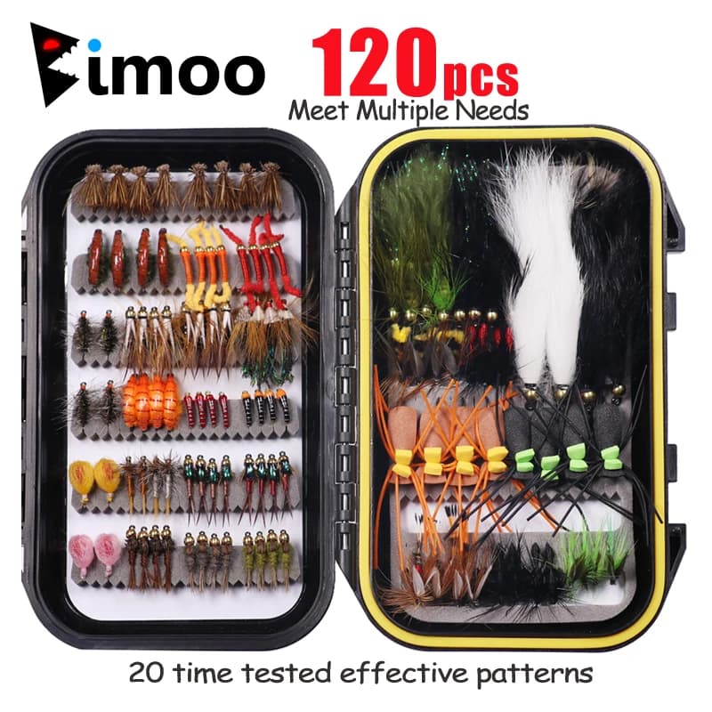 Bimoo 120pcs Wet Dry ninfa Fishing Fly Kit Woolly bugers streamer Emerger Worms Bass Trout Grayling Panfish Fishing Lure Bait