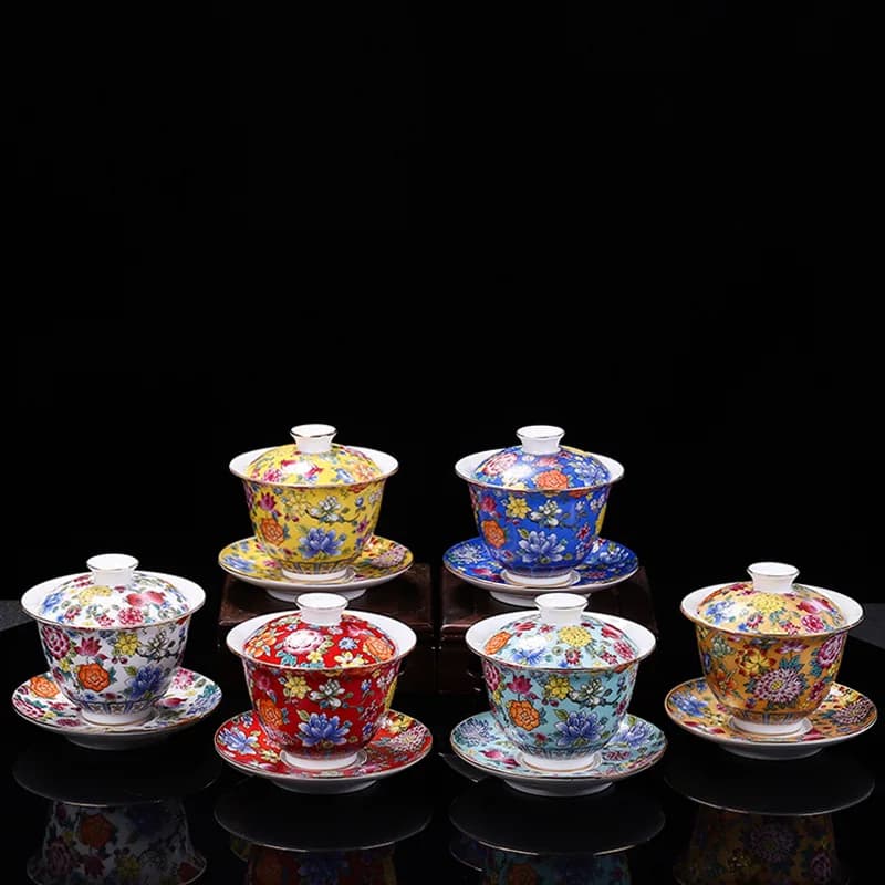 HMLOVE Porcelain White Sancai Gaiwan Color Polished Cover Bowl Cover Vintage Plates Handmade Tureen Teaware Gift Set 200ML