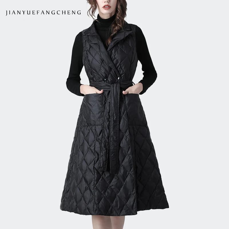 Fashionable Women's Sleeveless Black Quilt Sleeveless Dress for Winter High Waist Trapeze Belt Long winter dresses with laces White duck down slightly