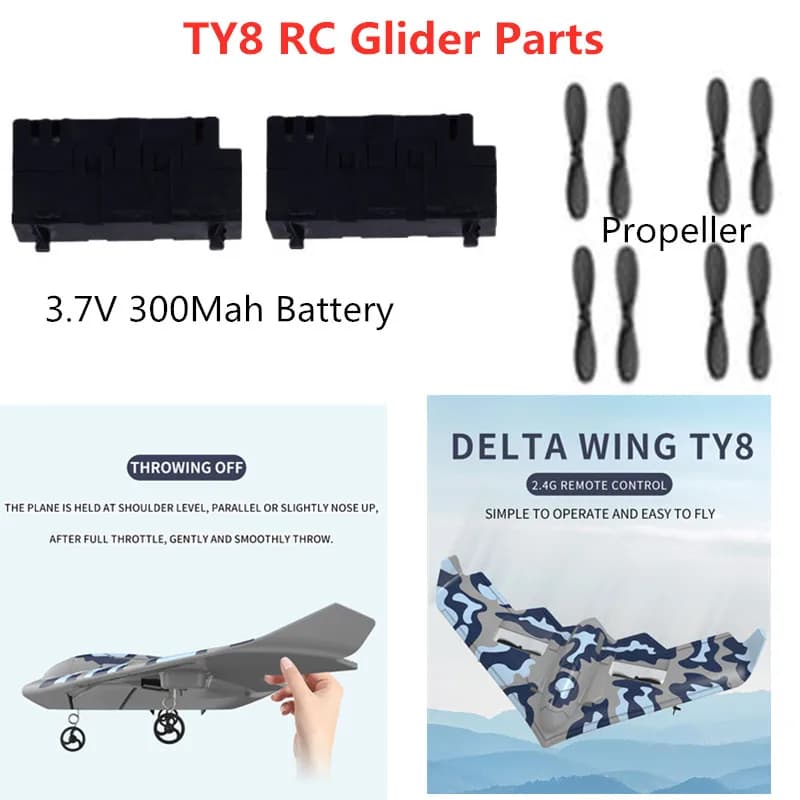 Parti di Ricambio per Aeroplano Telecomandato TY8: Batteria 3.7V 300mAh/Elica/Motore/Telecomando per Aliante RC TY8