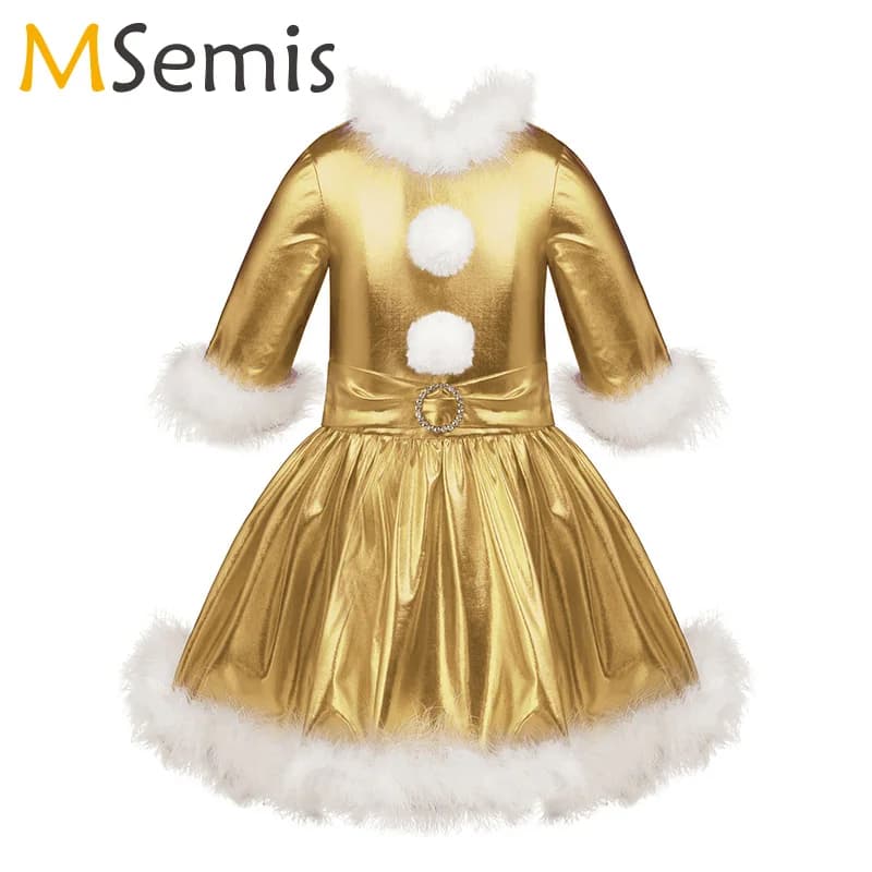 I bambini di Jazz Costume Pattinaggio Su Ghiaccio Dress Figura Dance Party Di Natale Delle Ragazze Dei Capretti Santa Costume Metallico Lucido Maniche Lunghe Vestito Rosso