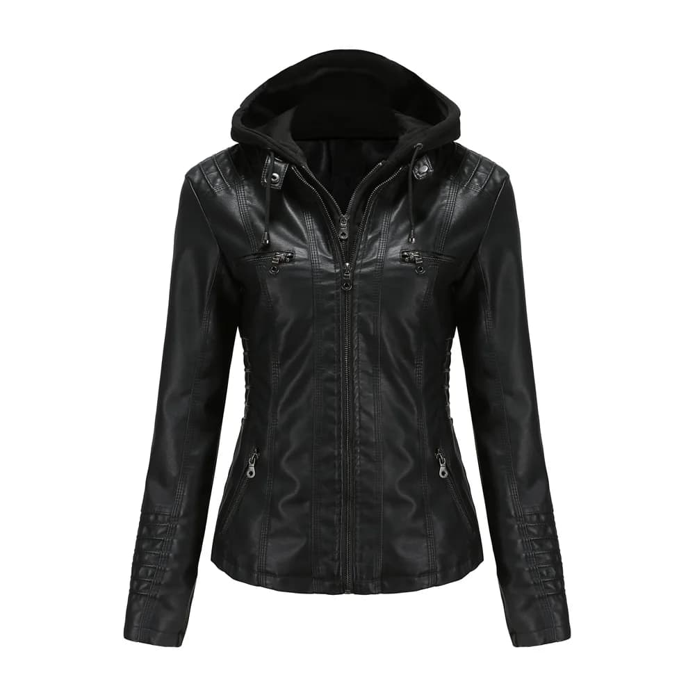 Giacca in pelle da donna autunno inverno con cappuccio giacche in pelle PU rimovibili cappotto da moto a maniche lunghe con cerniera capispalla nero S-4XL