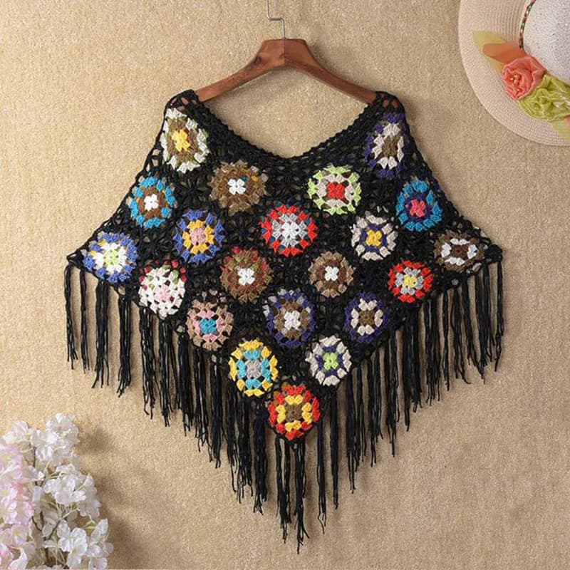 Poncho Sciarpa con Nappe in Pashmina, Copricostume Estivo da Spiaggia con Protezione Solare, Lavorazione all'Uncinetto, Motivo Floreale Traforato, Sexy, da Donna