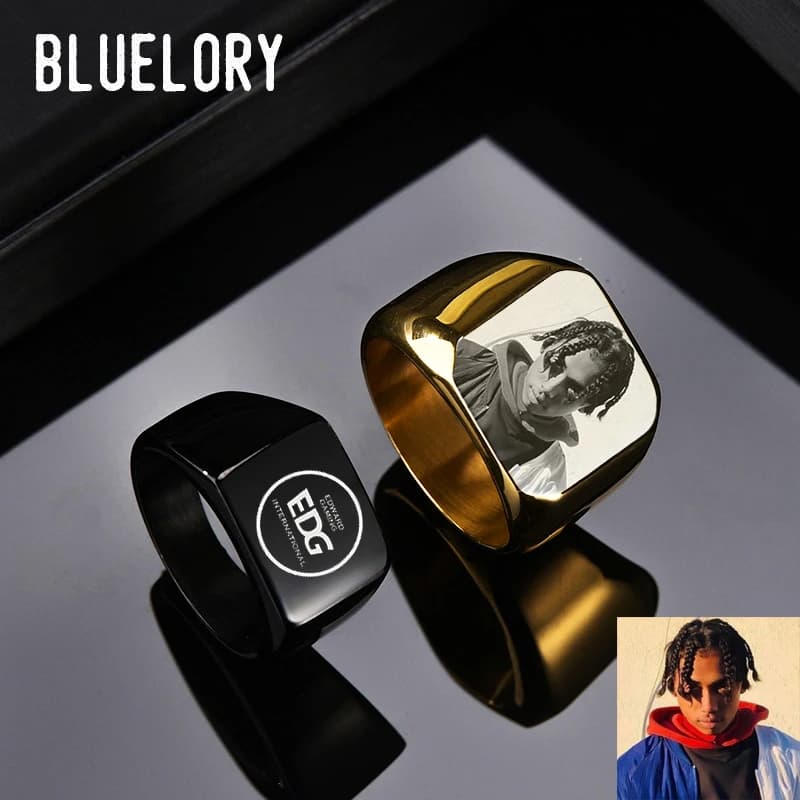 Personalized Bluelory Stainless Steel Laser Engraving Name Logo Personalized photo woman rings for boyfriend jewelry Cool
