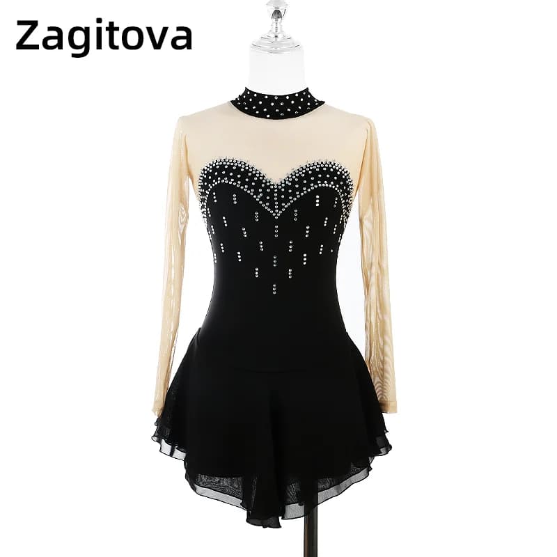 ZAGITOVA Abito da pattinaggio di figura nero Gonna da pattinaggio su ghiaccio a maniche lunghe Gonna da donna in rete da competizione con diamanti lucidi a seno basso