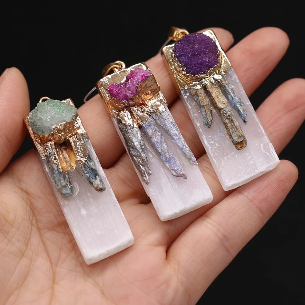 Natural Semi-precious Stone Agates Pendant Rectangle Crystal Druzy Charms for Handmade Necklace Jewelry Making DIY Accessories