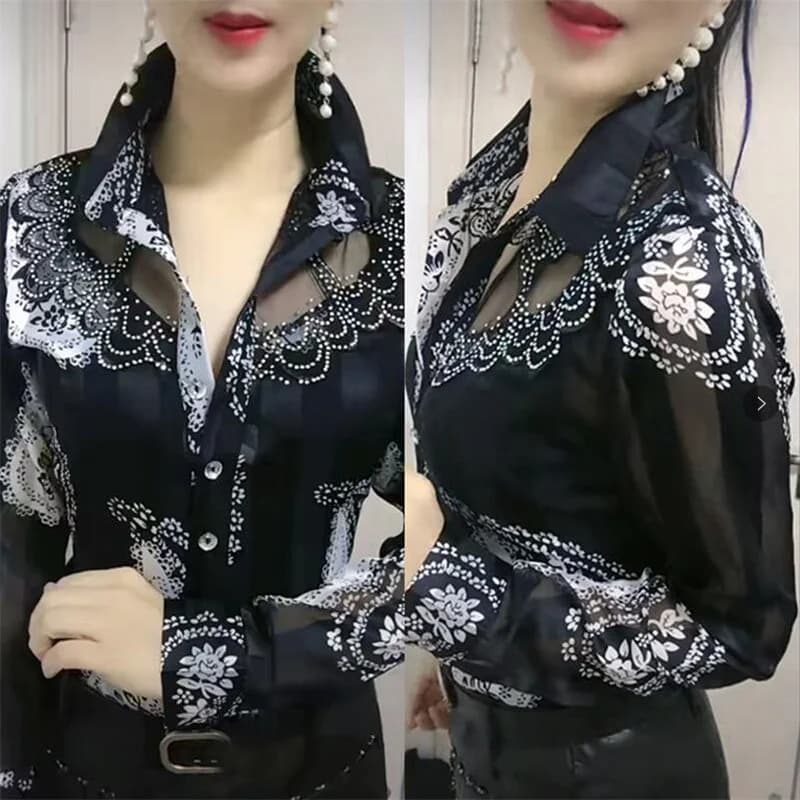 Camicetta da donna Top Camicie in chiffon di pizzo estivo risvolto Cuciture Stampa Bottoni Blusas femminili Camicie da donna Camicie fleurs