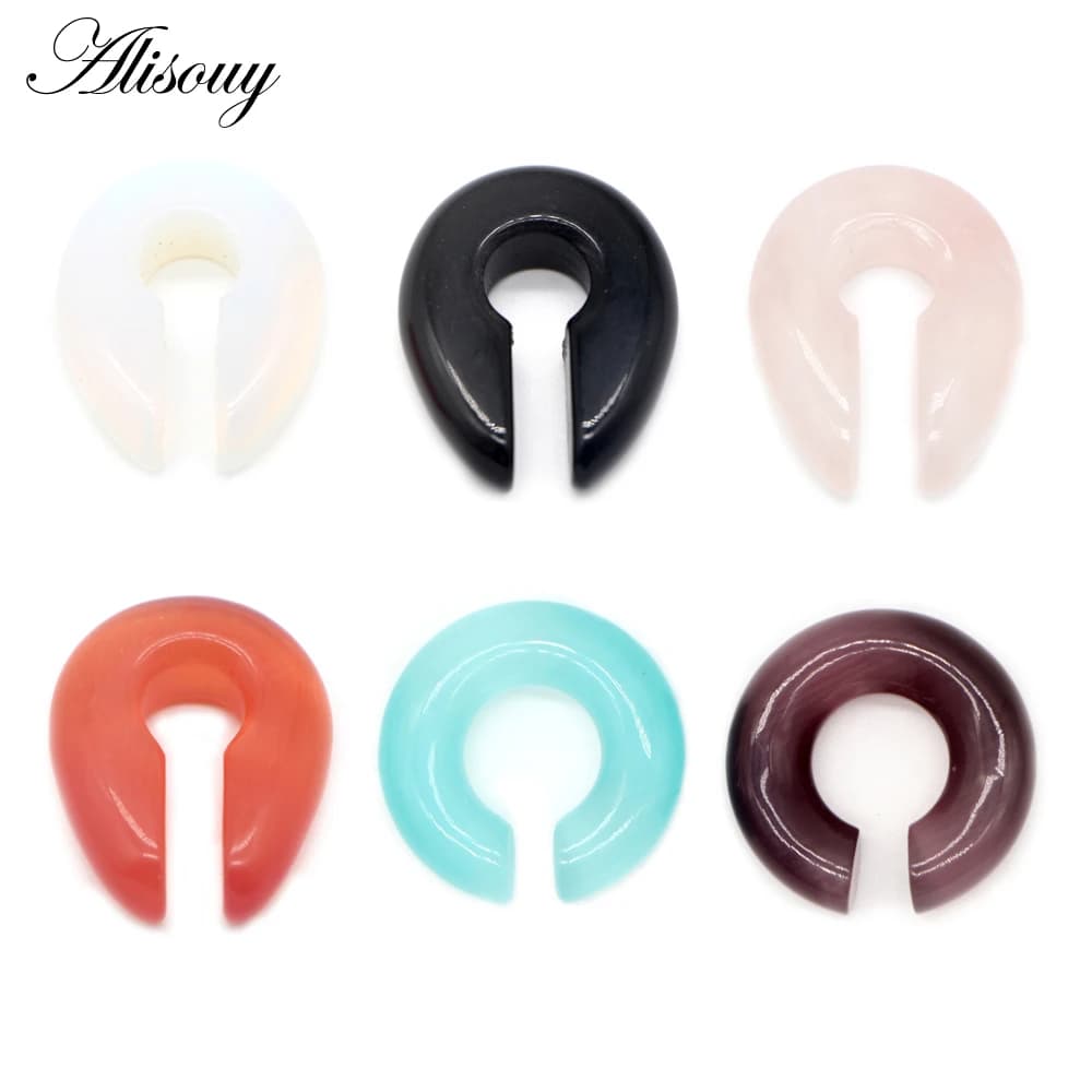 Alisouy 1pc Key Round Hole Black Pink Opal Stone Ear Weight Espander Piercing Spina 6/8/10mm Earrings Body Jewellery