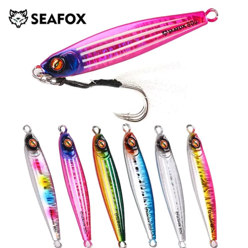 03 Pesi esca da pesca Seafox 40-80g Maschere da pesca Esche per acqua salata Spigola in metallo Jig Isca Pesce finto artificiale Glitter olografico