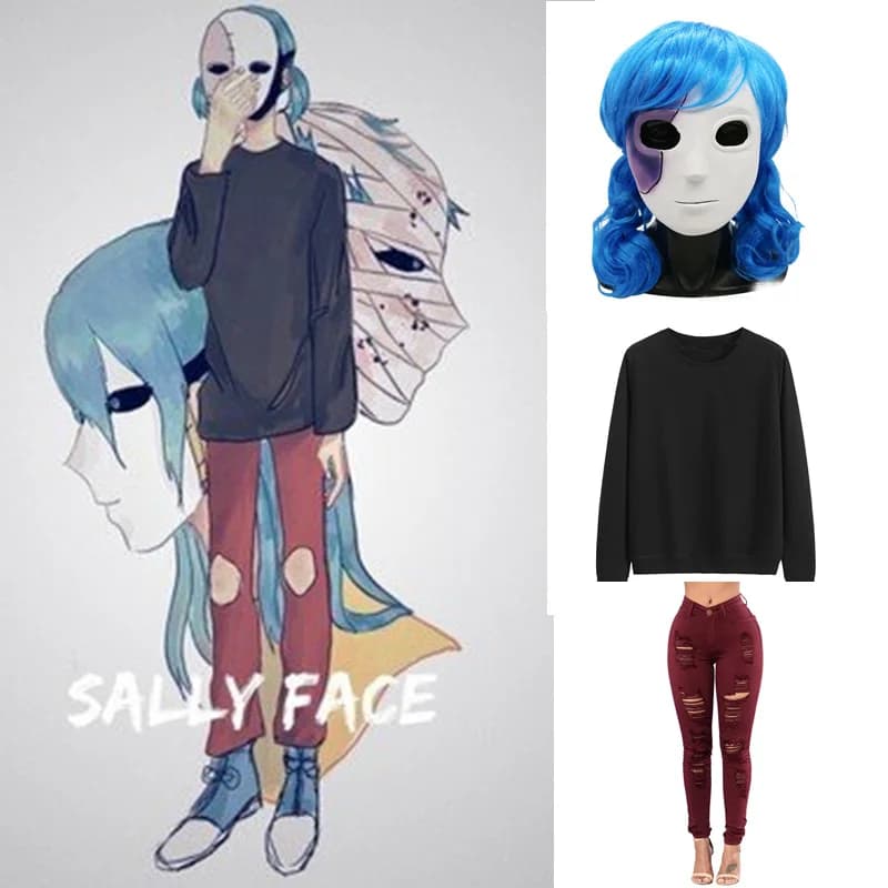 Hot Anime Game Sally Face Cosplay Costume Full Set Thin Black Top Crew Neck Sweatshirt Red Wine Pants Sally Face Wig Latex Mask