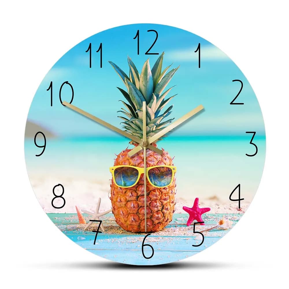 Ananas With Sunglasses On Seahore Summer Wall Clock Modern Design Botannical Kitchen Fruit Watch Wall Clock Dining Room Art Decor