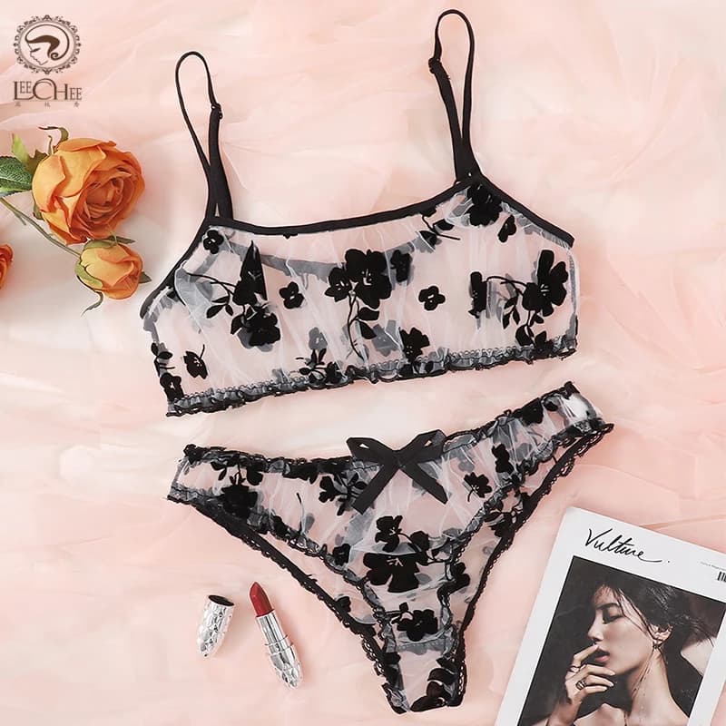 Leechee New Lingerie Set reggiseno floreale a coppa intera per le donne Fashion Mesh biancheria intima Sexy Lingerie intima Ruffles reggiseno e slip Set