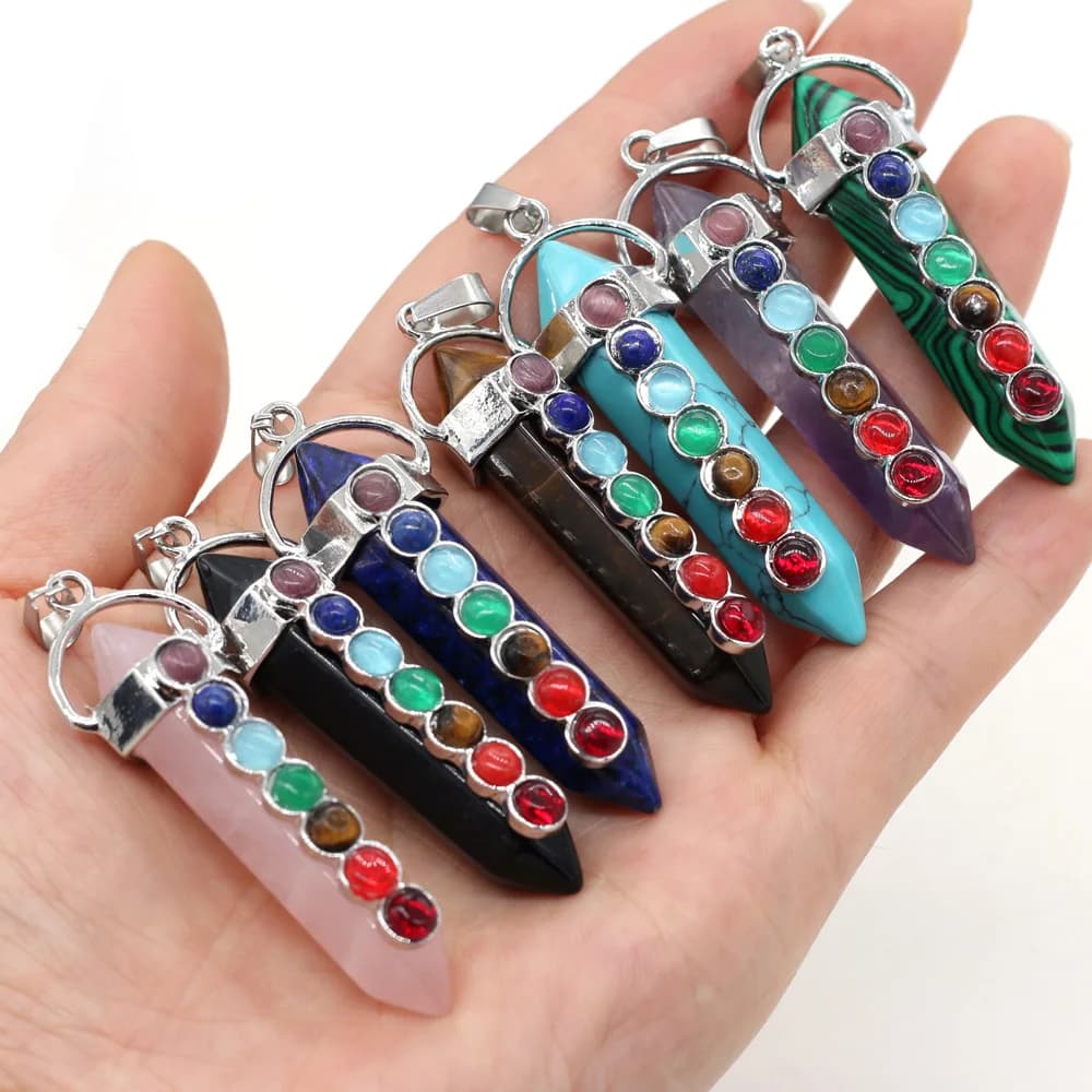 Pendolo in pietra naturale 7 Chakra Reiki Guarigione Ciondolo in cristallo Punto esagonale Charms Collana fai da te Creazione di gioielli Accessori