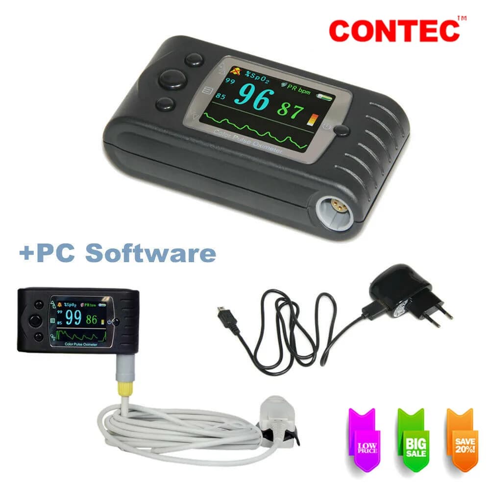 CONTEC finger pulse oxymeter 24h oxygen sleep in blood cardiofrequencymeter SpO2 PR alarm with adult probe, PC software CMS60C