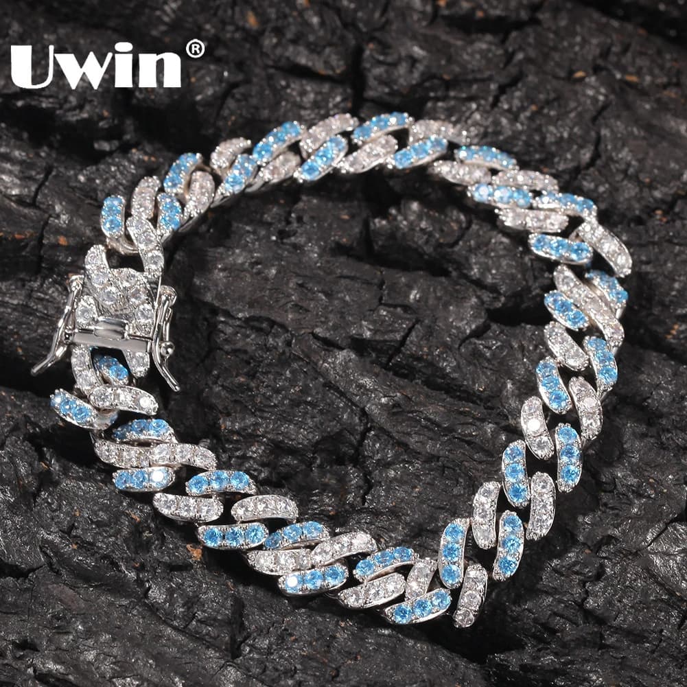 UWIN 8mm Iced Out braccialetti a catena a maglia cubana Color argento con bracciali con zirconi bianchi e blu gioielli Hip Hop per regalo