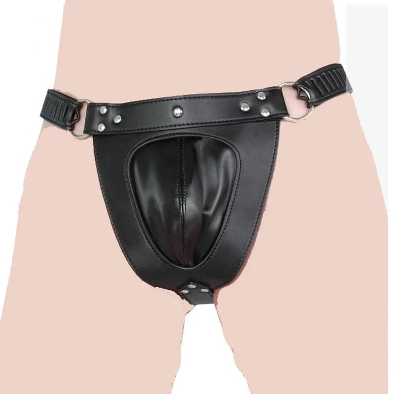 Mens PU Leather Chastity Harness Underwear Lockable Waist Belt Crotch Pouch Cage Briefs Fetish Costume Under Pants Outfit