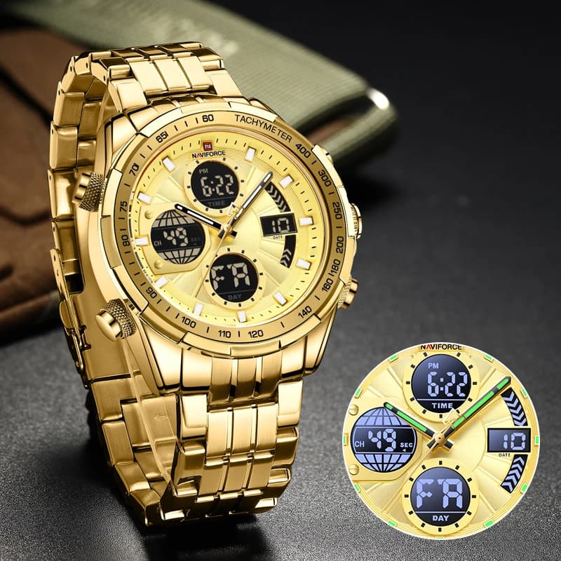 Top Luxury NAVIFORCE Men's Gold Watches Quartz Military Digital Sports Wrist Watch Stainless Steel Strap Waterproof Luminous Alarm Clock
