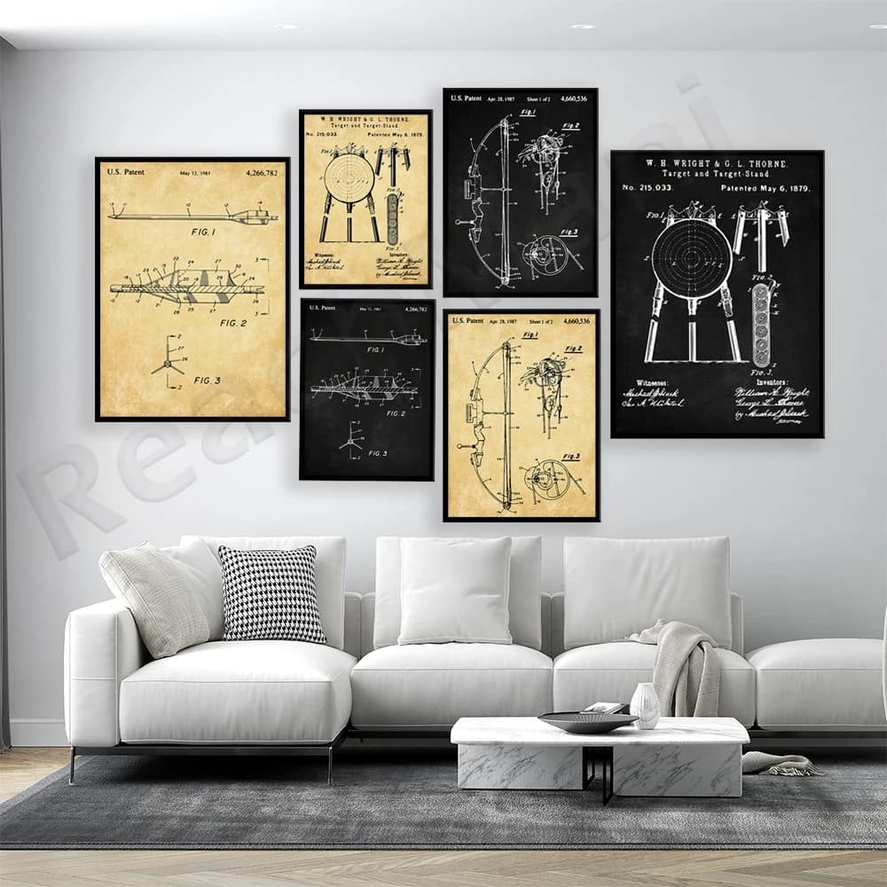 Stampe di brevetti di tiro con l'arco, brevetti di archi, poster con frecce, disegni tecnici di bersagli per tiro con l'arco, decorazioni per la caccia, sport all'aria aperta