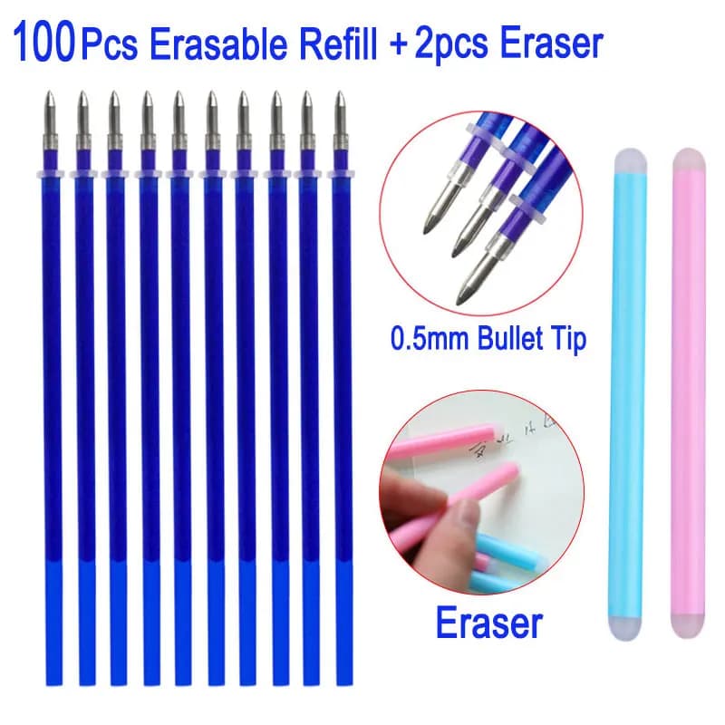 100 Pz/set + 2 pz Gomma Cancellabile Penna Gel Asta di Ricarica Ufficio Scuola di Scrittura di Cancelleria 0.5mm Punta di Proiettile Cancellabile Penna accessori