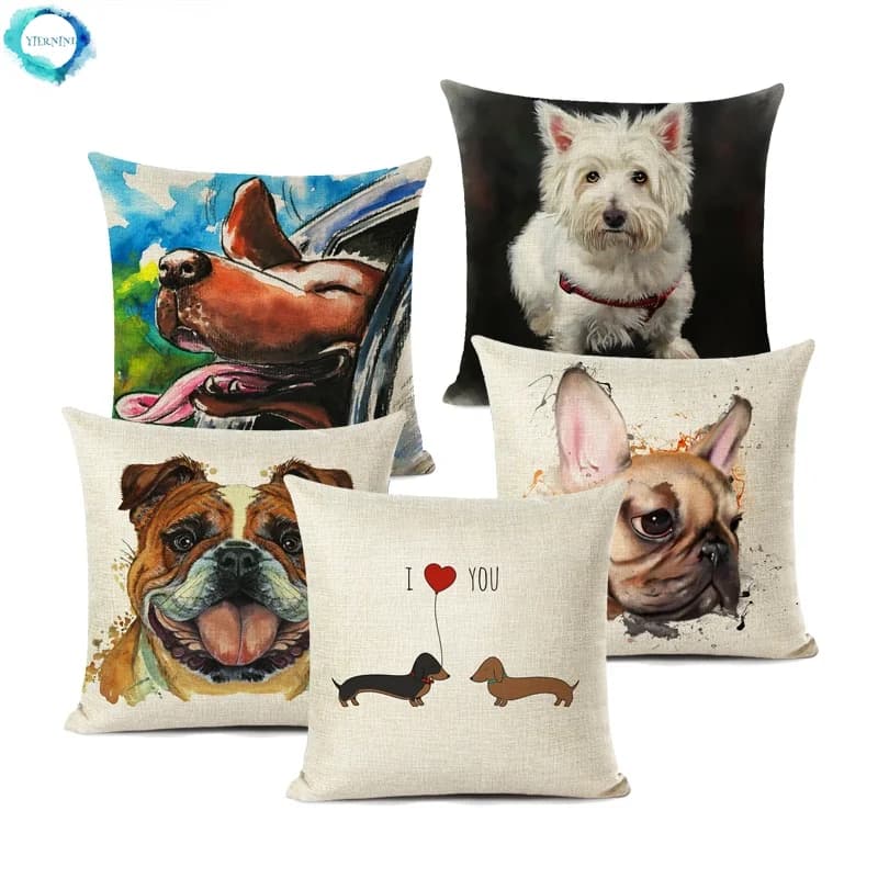 Square Cotton Linen Colourfu Bull Terrier Painted Bull Dog Dachshund 3D Cheap Cushion Cover For Home Sofa Pillow Case Cojines