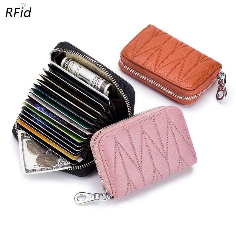 Piccolo Genuino di Cuoio Reale di Doka Donne Rfid Della Chiusura Lampo Della Moneta Borsa E Del Raccoglitore di Modo di Plastica della Banca di Credito ID Supporto di Carta Della Cassa femminile