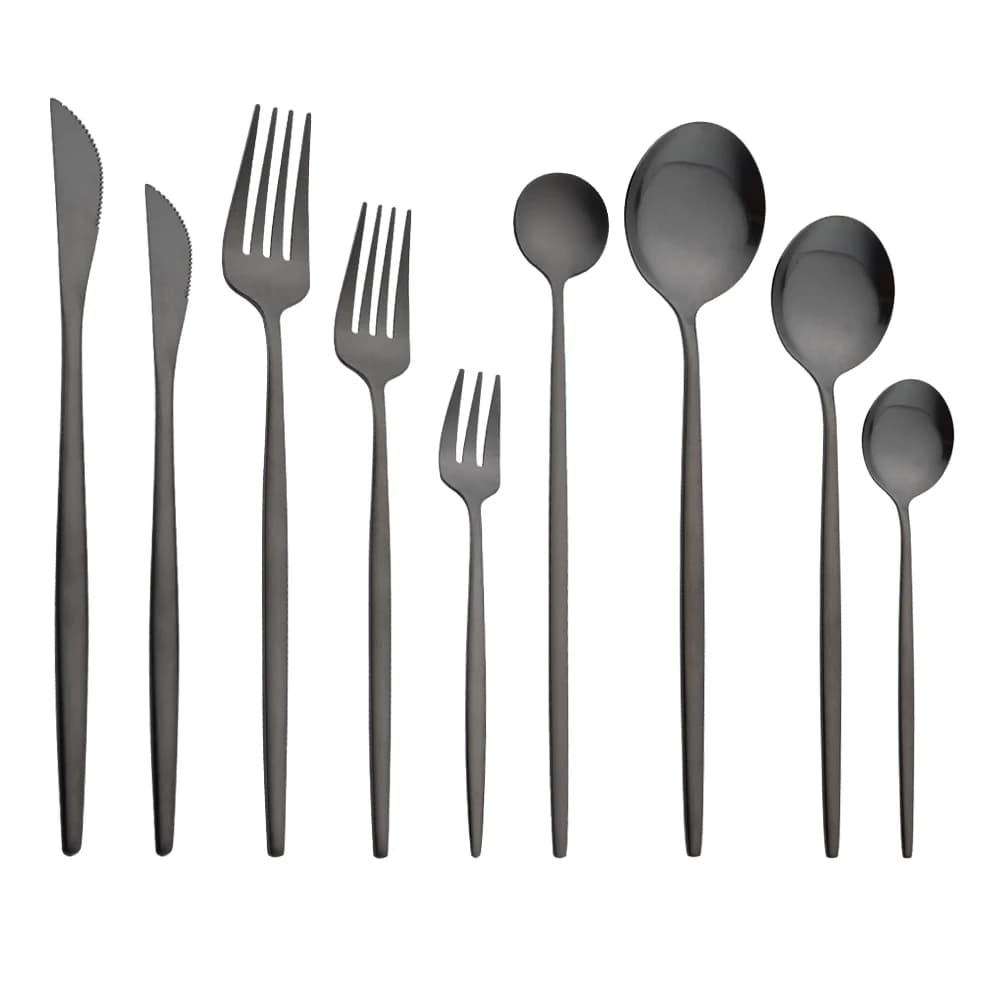 Set di stoviglie nero opaco Coltello Forchetta Cucchiaio da dessert Stoviglie Set di posate Posate in acciaio inossidabile Posate da cucina Set da pranzo