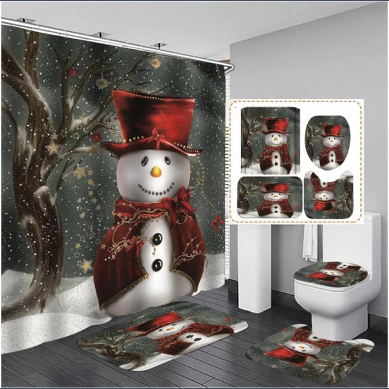 Pupazzo di neve Alce Stampa Set doccia da bagno impermeabile, tenda da toilette, tappetino antiscivolo, Decorazioni per la casa, Buon Natale,