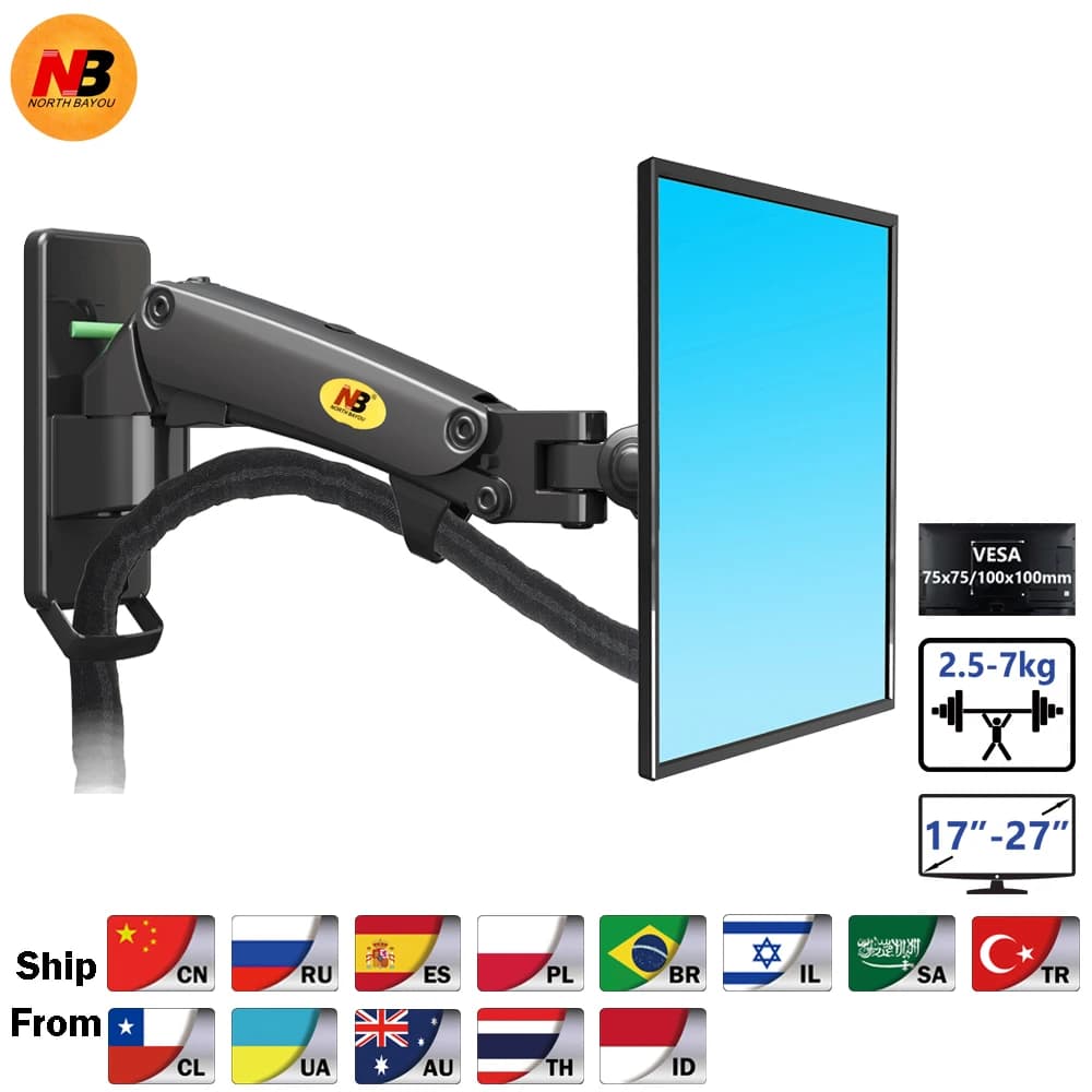 NB F120 17-27" Gas spring Full Motion TV Wall mount LCD monitor support Aluminum arm bracket Silver Black