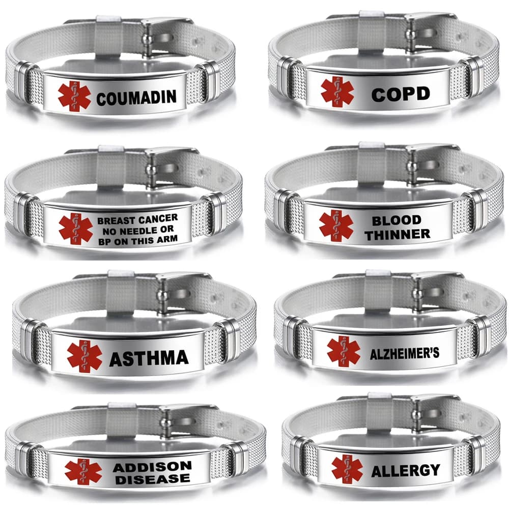 Medical emergency warning bracelet health adjustable stainless steel laser engraved stainless steel bracelet for women